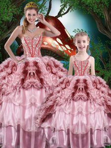 Sleeveless Floor Length Beading and Ruffles and Ruffled Layers Lace Up Sweet 16 Dresses with Multi-color
