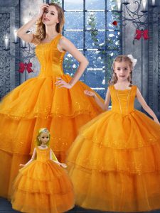 Floor Length Orange Ball Gown Prom Dress Organza Sleeveless Ruffled Layers