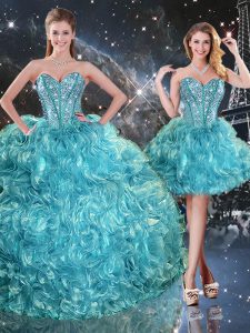 Vintage Three Pieces Quinceanera Dress Aqua Blue Sweetheart Organza Sleeveless Floor Length Lace Up
