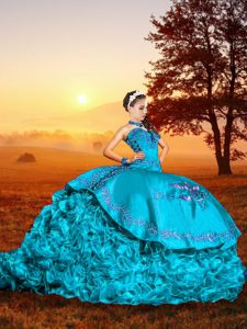 Customized Baby Blue Lace Up Sweetheart Embroidery and Ruffles Ball Gown Prom Dress Organza Sleeveless Brush Train