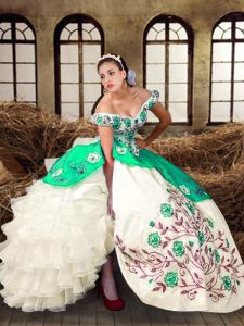 Exquisite Sleeveless Floor Length Embroidery and Ruffled Layers Lace Up Sweet 16 Quinceanera Dress with Multi-color