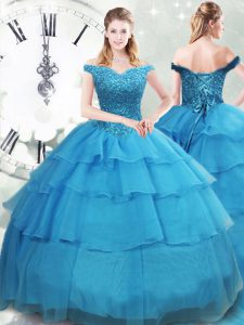 Designer Off The Shoulder Sleeveless Vestidos de Quinceanera Brush Train Beading and Ruffled Layers Baby Blue Organza