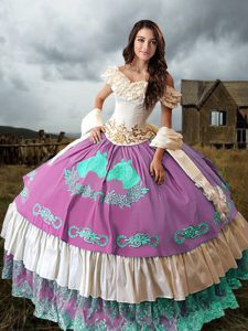 Perfect Multi-color Sleeveless Embroidery and Ruffled Layers Lace Up 15 Quinceanera Dress