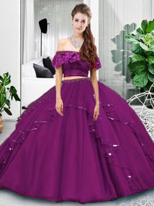 Eggplant Purple Lace Up Sweet 16 Quinceanera Dress Lace and Ruffles Sleeveless Floor Length