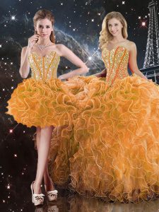 Orange Sleeveless Organza Lace Up Sweet 16 Dresses for Military Ball and Sweet 16 and Quinceanera