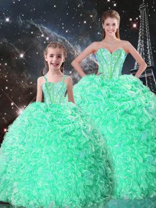 Apple Green Ball Gowns Organza Sweetheart Sleeveless Beading and Ruffles Floor Length Lace Up Ball Gown Prom Dress