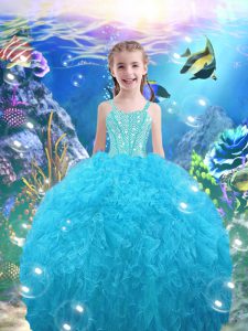 Floor Length Lace Up Little Girls Pageant Dress Aqua Blue for Quinceanera and Wedding Party with Beading and Ruffles