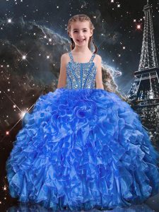 Dramatic Blue Lace Up Little Girl Pageant Dress Beading and Ruffles Sleeveless Floor Length