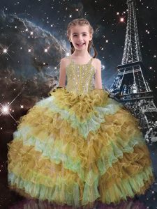 Customized Champagne Lace Up Pageant Gowns For Girls Beading and Ruffled Layers Sleeveless Floor Length