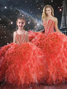 Flirting Coral Red Organza Lace Up Quinceanera Gowns Sleeveless Floor Length Beading and Ruffles