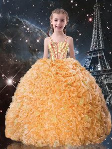 Exquisite Sleeveless Organza Floor Length Lace Up Girls Pageant Dresses in Gold with Beading and Ruffles