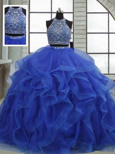 Sleeveless Organza Floor Length Lace Up Sweet 16 Dress in Royal Blue with Beading and Ruffles