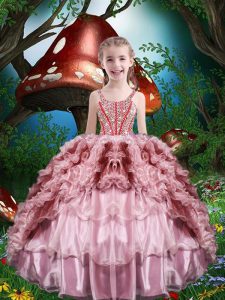 Ball Gowns Kids Formal Wear Baby Pink Straps Organza Sleeveless Floor Length Lace Up