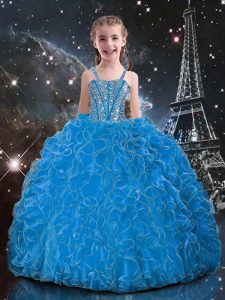 Baby Blue Straps Lace Up Beading and Ruffles Little Girl Pageant Gowns Sleeveless