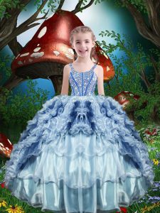 Baby Blue Straps Neckline Beading and Ruffles and Ruffled Layers Little Girls Pageant Gowns Sleeveless Lace Up