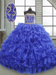 Royal Blue Sleeveless Floor Length Beading and Appliques and Ruffles Lace Up Sweet 16 Dresses