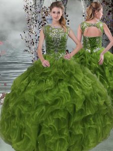 Organza Scoop Sleeveless Lace Up Beading and Ruffles Ball Gown Prom Dress in Olive Green