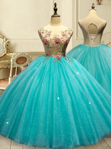 Ball Gowns Quinceanera Gown Aqua Blue Scoop Tulle Sleeveless Floor Length Lace Up