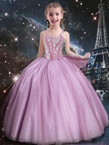 Attractive Rose Pink Sleeveless Beading Floor Length Kids Pageant Dress