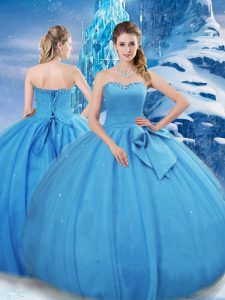 Simple Baby Blue Lace Up Quinceanera Gowns Bowknot Sleeveless Floor Length