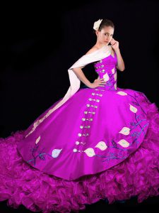 Popular Embroidery and Ruffles 15th Birthday Dress Fuchsia Lace Up Sleeveless Brush Train