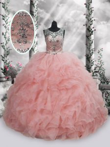 Colorful Floor Length Baby Pink Quinceanera Dresses Scoop Sleeveless Lace Up