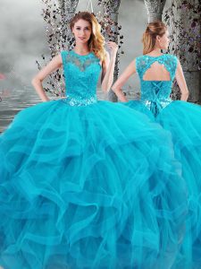 Baby Blue Scoop Lace Up Beading and Ruffles Ball Gown Prom Dress Sleeveless