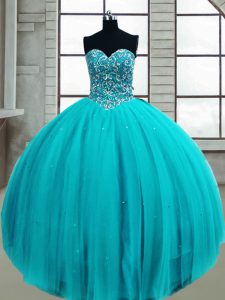 Super Sweetheart Sleeveless Quince Ball Gowns Floor Length Beading Aqua Blue Tulle