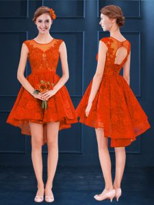 Sweet Scoop Sleeveless Court Dresses for Sweet 16 High Low Lace Rust Red Satin and Lace