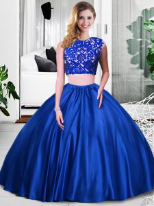Custom Made Floor Length Zipper Quince Ball Gowns Royal Blue for Military Ball and Sweet 16 and Quinceanera with Lace and Ruching