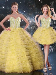 Decent Yellow Ball Gowns Organza Sweetheart Sleeveless Beading and Ruffled Layers Floor Length Lace Up 15 Quinceanera Dress