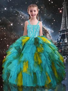 Fantastic Aqua Blue Kids Formal Wear Quinceanera and Wedding Party with Beading and Ruffles Straps Short Sleeves Lace Up