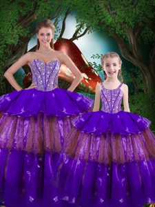 Fancy Eggplant Purple Sleeveless Beading and Ruffled Layers Floor Length Sweet 16 Dress