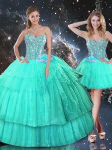 Exceptional Turquoise Organza Lace Up Ball Gown Prom Dress Sleeveless Floor Length Ruffled Layers and Sequins