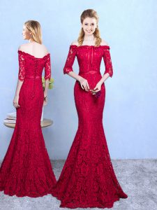 Decent Wine Red Mermaid Lace Damas Dress Lace Up Lace Half Sleeves Floor Length