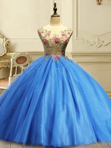 Sleeveless Floor Length Appliques and Sequins Lace Up Quince Ball Gowns with Baby Blue