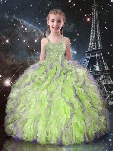 Yellow Green Little Girls Pageant Dress Quinceanera and Wedding Party with Beading and Ruffles Straps Sleeveless Lace Up