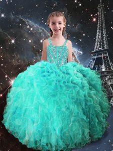 Ball Gowns Kids Formal Wear Turquoise Straps Organza Sleeveless Floor Length Lace Up