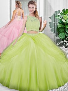 Yellow Green Lace Up Scoop Lace and Ruching Quinceanera Dresses Tulle Sleeveless