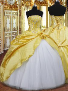 Gold Taffeta Lace Up Quinceanera Dress Sleeveless Floor Length Beading and Hand Made Flower