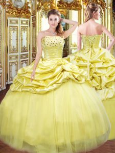 Gold Sleeveless Floor Length Beading and Pick Ups Lace Up Sweet 16 Quinceanera Dress
