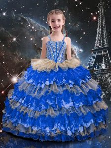 Straps Sleeveless Little Girl Pageant Gowns Floor Length Beading and Ruffled Layers Multi-color Organza
