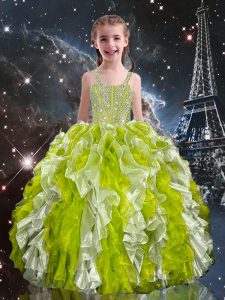 Affordable Olive Green Lace Up Straps Beading and Ruffles Pageant Gowns For Girls Organza Sleeveless
