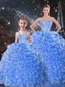 Luxurious Floor Length Blue 15th Birthday Dress Organza Sleeveless Beading and Ruffles