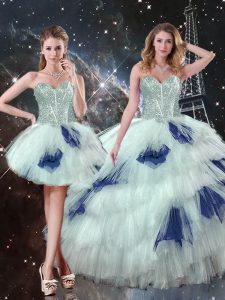 High Class Blue And White Three Pieces Beading and Ruffled Layers and Sequins Sweet 16 Dress Lace Up Tulle Sleeveless Floor Length