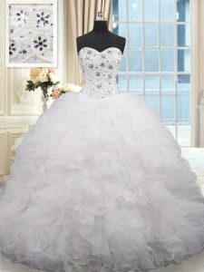 White Ball Gowns Organza Sweetheart Sleeveless Beading and Ruffles Lace Up 15th Birthday Dress Brush Train