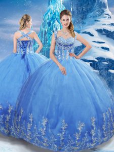 Baby Blue Vestidos de Quinceanera Military Ball and Sweet 16 and Quinceanera with Beading and Appliques Sweetheart Sleeveless Lace Up