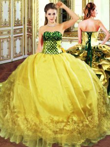Gold Sweet 16 Dress Military Ball and Sweet 16 and Quinceanera with Embroidery and Ruffles Sweetheart Sleeveless Lace Up