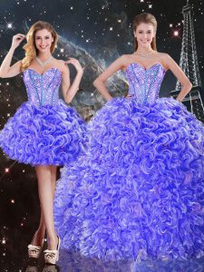 Hot Selling Purple Three Pieces Organza Sweetheart Sleeveless Beading and Ruffles Floor Length Lace Up Quinceanera Dresses