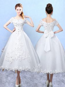 White A-line Beading and Lace and Bowknot Dama Dress for Quinceanera Lace Up Tulle Short Sleeves Ankle Length